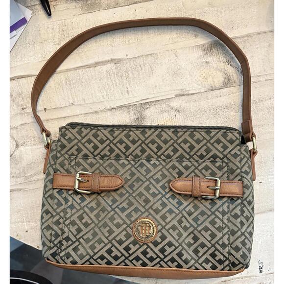 Tommy Hilfiger Green and Brown Crossbody Bag with Geometric Pattern **MINT** - Picture 1 of 3